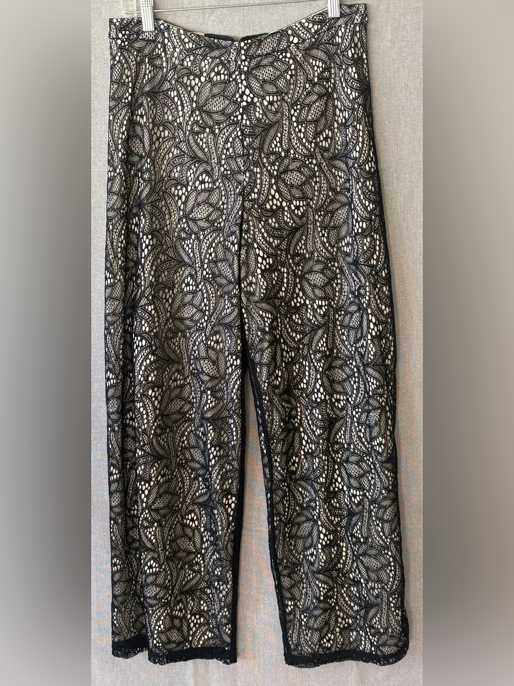 Cristina Black Lace over beige base pants size 10. Zip back dressy.